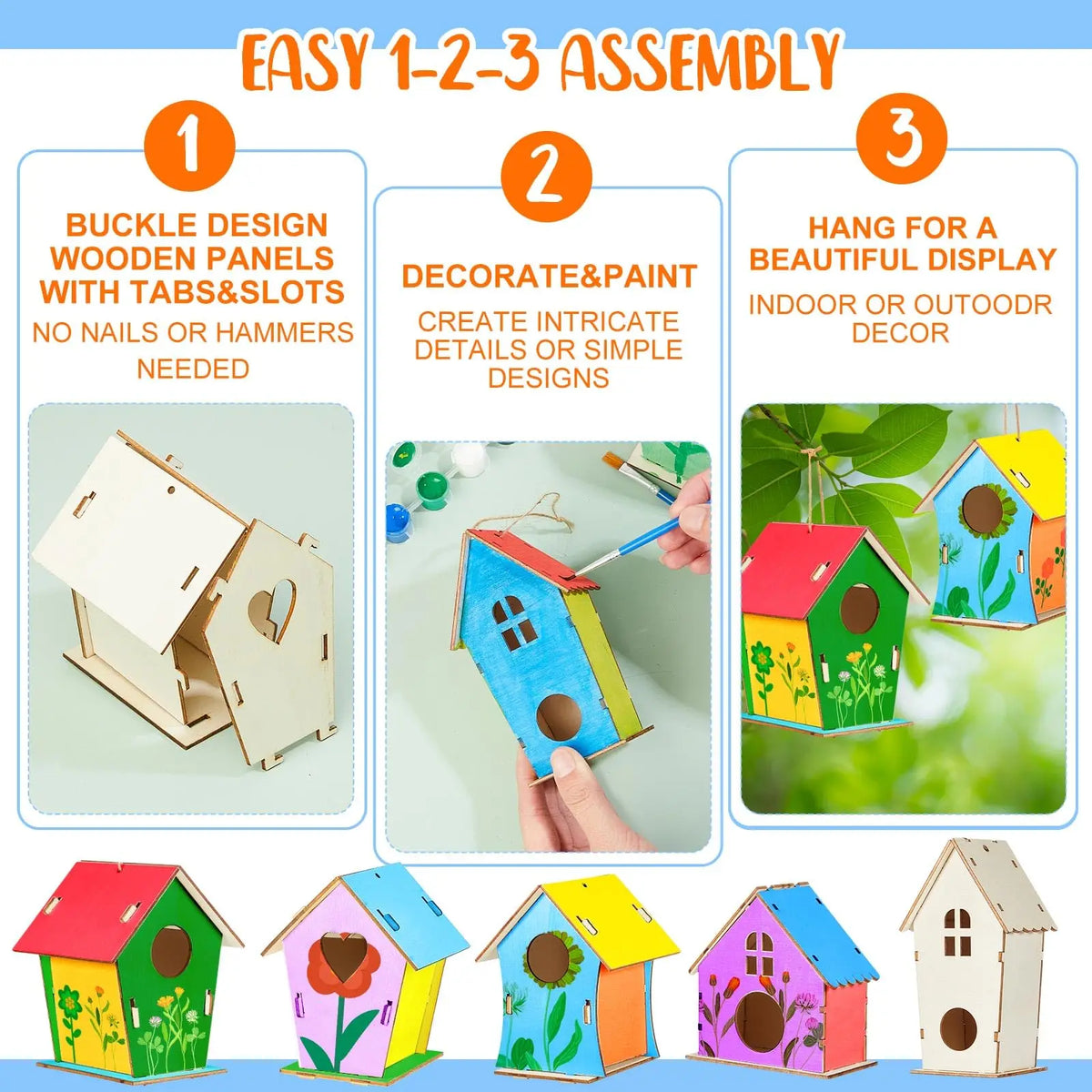 Unfinished Wooden Bird House Kit with Hemp Rope for DIY Painting