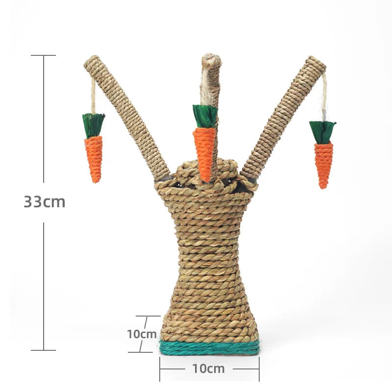 A natural grass carrot tree chew toy for rabbits and small pets with orange carrots hanging from the branches