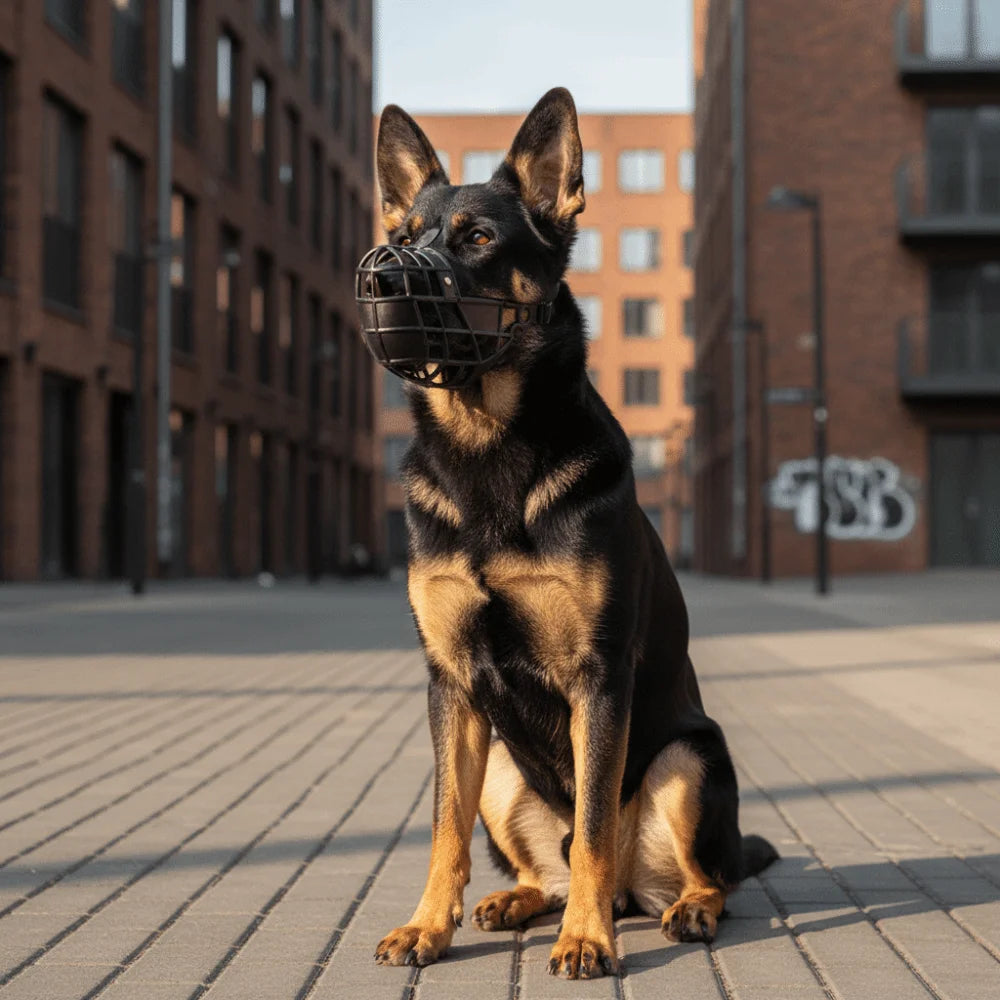 A black German Shepherd dog wearing an adjustable bite-resistant muzzle sitting outdoors on a paved surface.