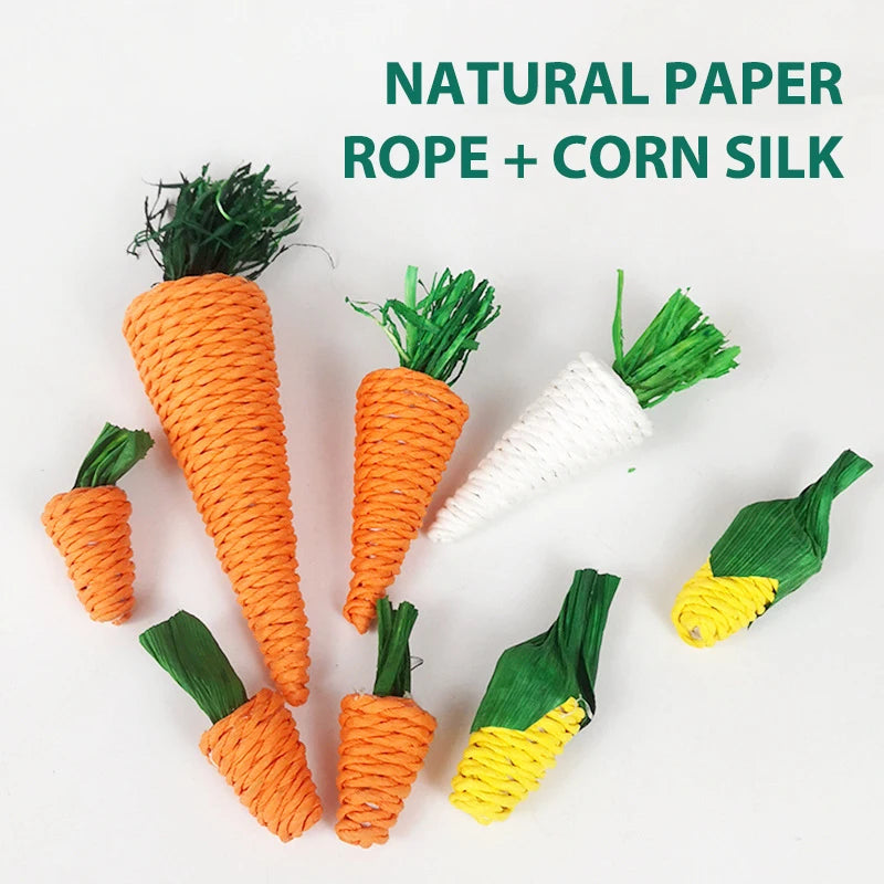 Natural Corn Husk Chew Toys for Small Pets – Carrot, Radish & Woven Ball Set