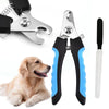 Ein Set Nagelscheren für Haustiere, bestehend aus Metall- und schwarzem Kunststoffschere, neben einem Golden Retriever.