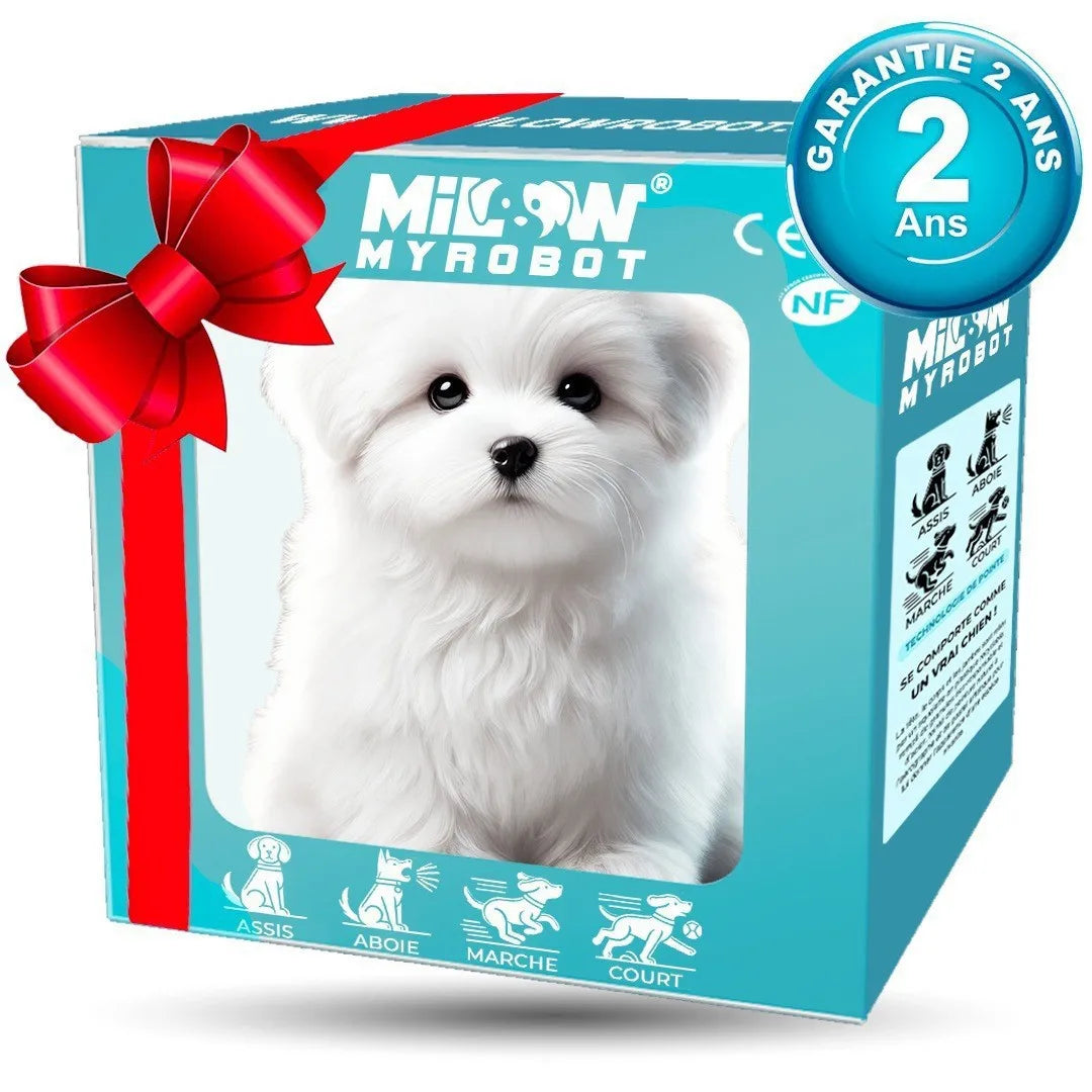 A box for a Milw MyRobot interactive plush puppy toy with a red ribbon and a picture of a white dog.