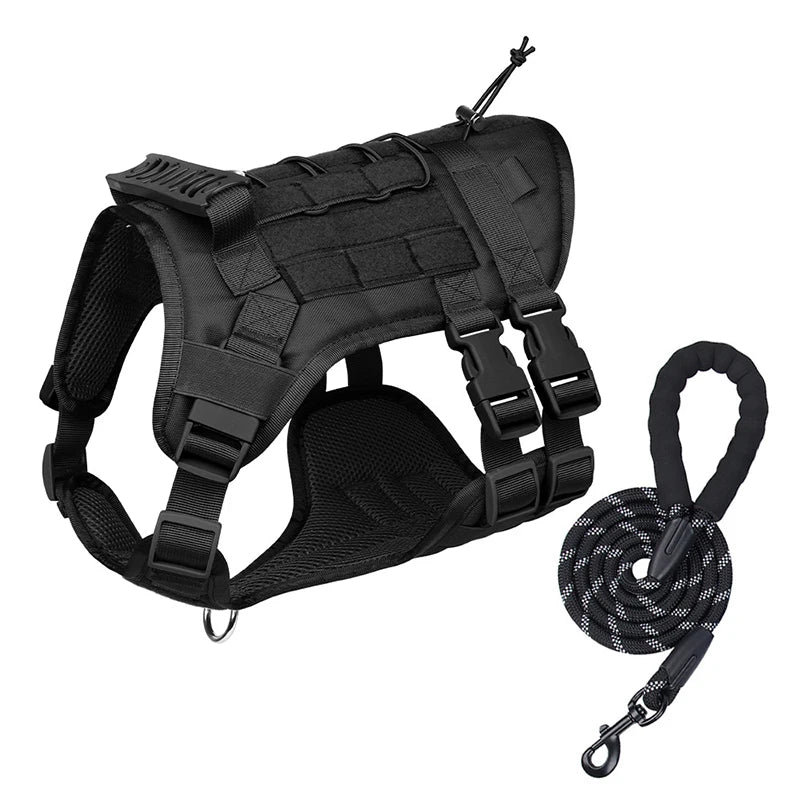 Black heavy-duty dog harness and leash set with a coiled leash visible