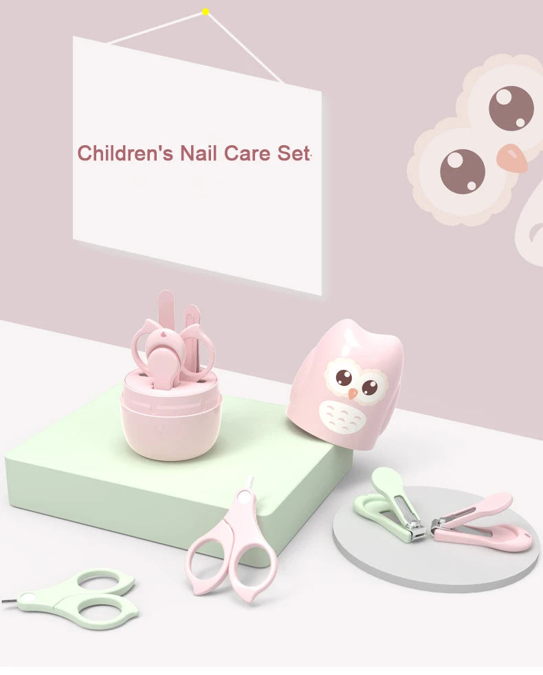 A pink children's nail care set featuring various tools like clippers and files displayed on a light green surface.