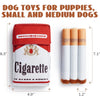 A red and white cylindrical dog toy labeled Cigarette shown next to a rolled-up version.