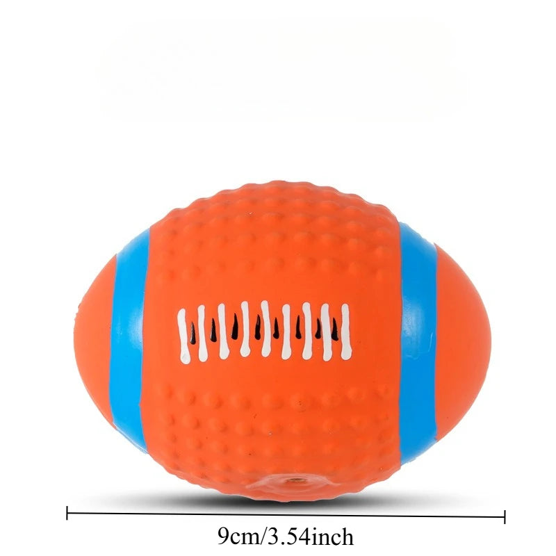 An orange latex ball with blue stripes, used for dogs to chew and play.