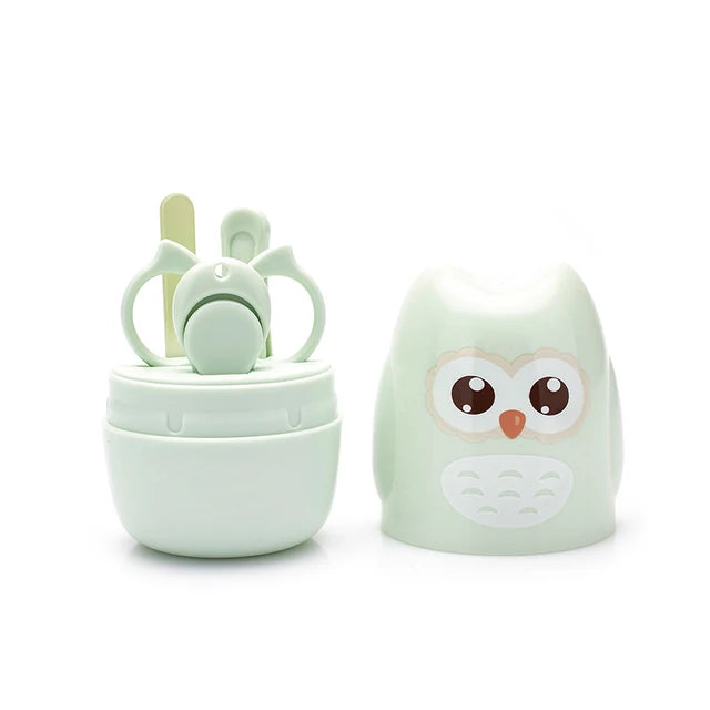 A light green portable nail care set featuring a silicone container and an owl-shaped applicator.