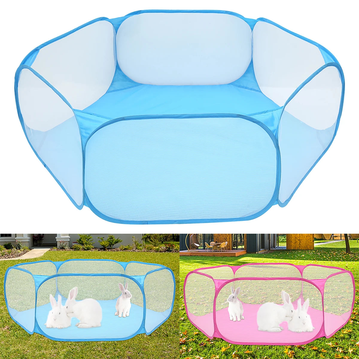 Portables Spielzäunchen für Haustiere mit blauen Maschenseiten, in verschiedenen Farben wie grün und rosa.