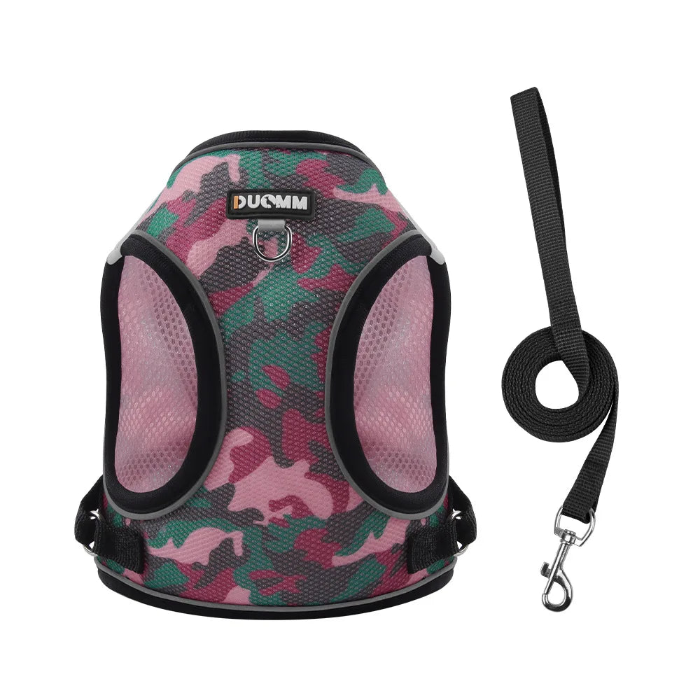 A breathable pet harness in a camouflage pattern with a black leash and clip.