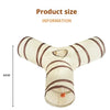 A beige foldable pet play tunnel for cats and small animals shown with dimensions of 65cm by 25cm.