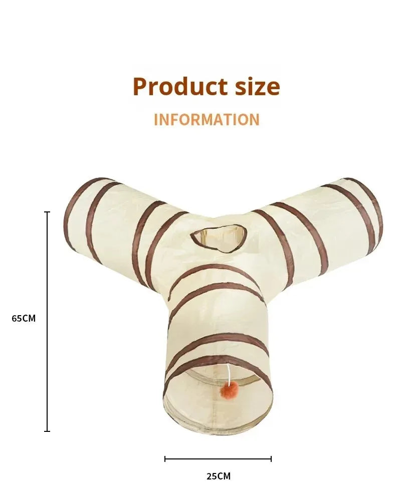 A beige foldable pet play tunnel for cats and small animals shown with dimensions of 65cm by 25cm.