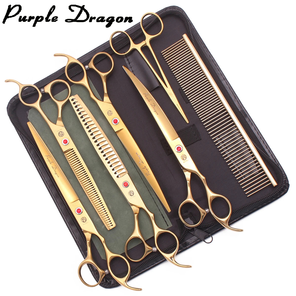 A black case containing a pair of gold-toned professional stainless steel pet grooming scissors and a comb.