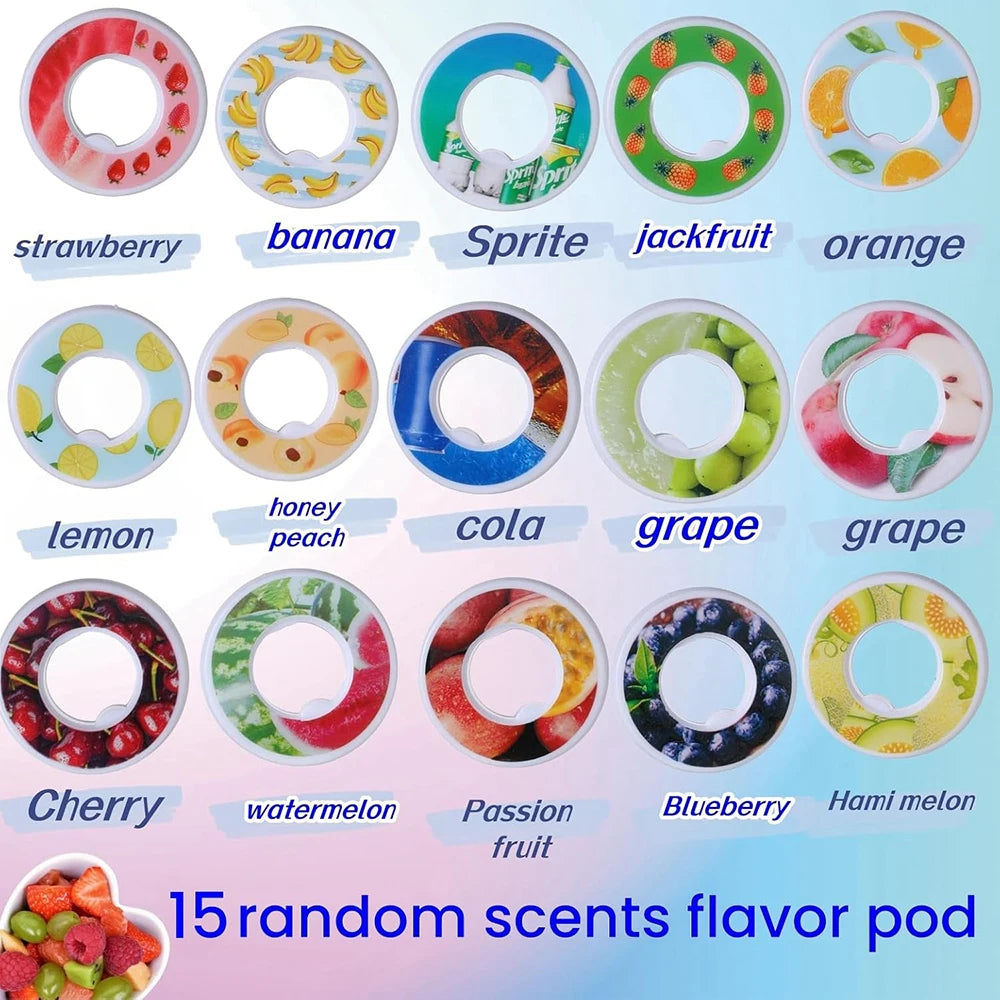 A collection of 15 random fruit scent flavor pods for water bottles, including strawberry, banana, orange, grape, and berry f