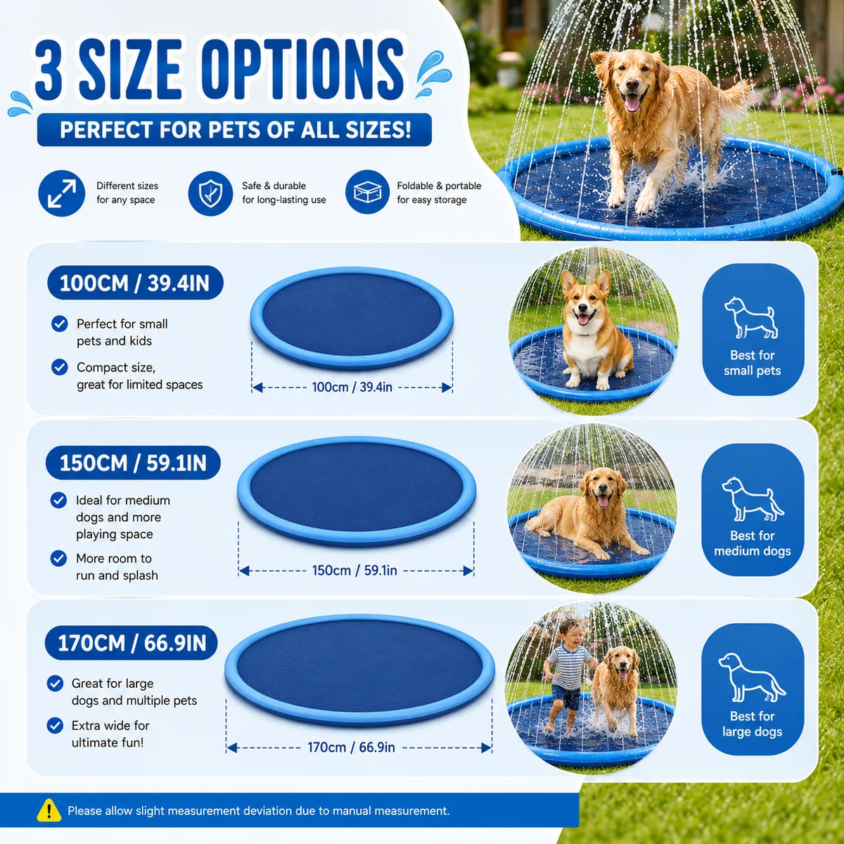 Three size options of an inflatable dog splash pad with a sprinkler for outdoor summer fun