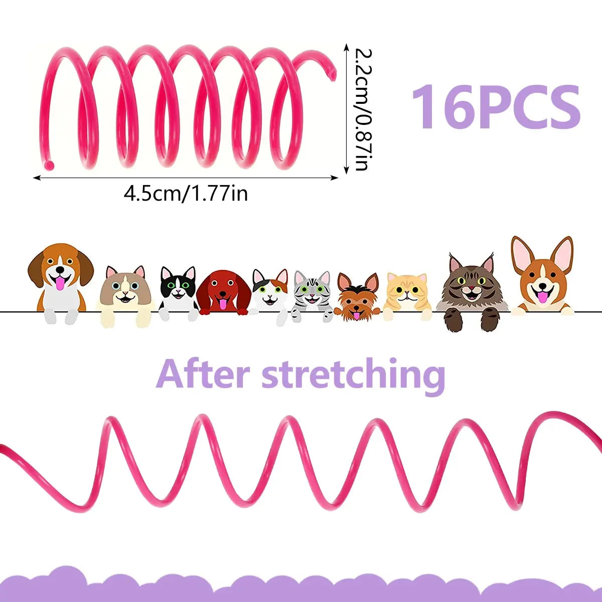 A set of 16 pink cat spring toys, demonstrating the stretching capability of the flexible plastic springs.