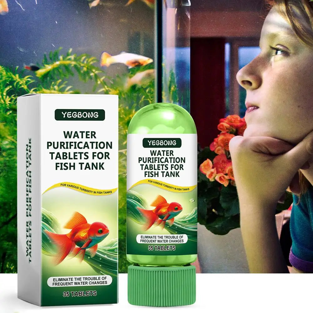 Box and bottle of Yegbong water purification tablets for fish tanks shown next to a person looking at the product.