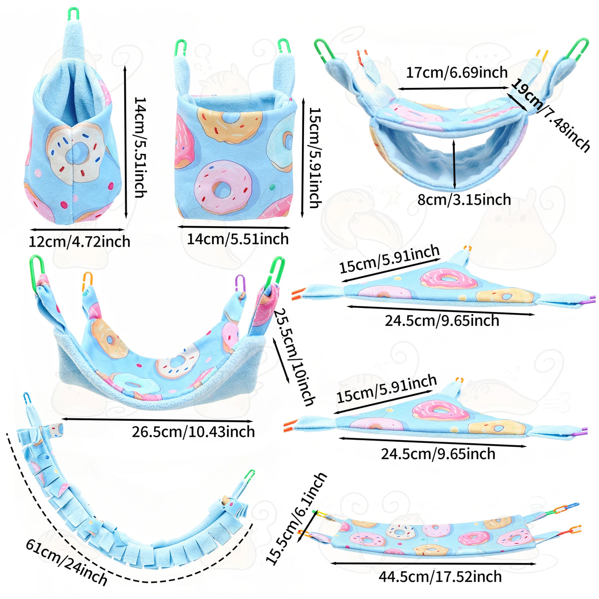 Un set de hamacas y juguetes multifuncionales para mascotas en colores azul claro y rosa, mostrados en varias configuraciones