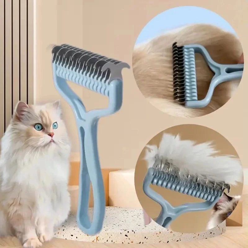 A light blue pet hair removal comb is shown next to a fluffy white cat, demonstrating its use for grooming.
