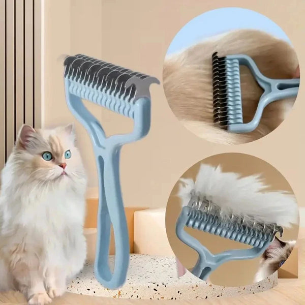 A light blue pet hair removal comb is shown next to a fluffy white cat, demonstrating its use for grooming.