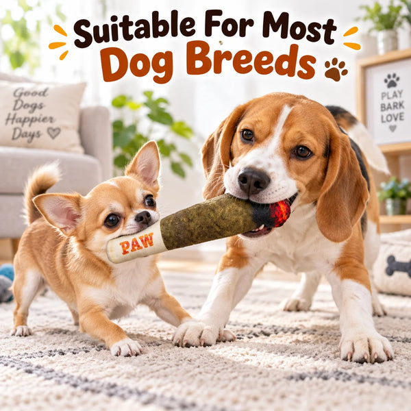 Two dogs play with a brown squeaky cigar-shaped plush dog toy on a rug.