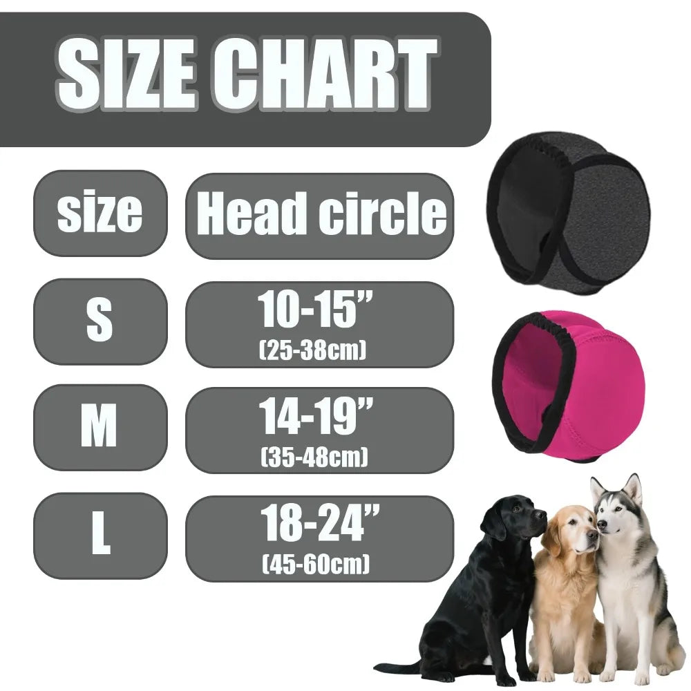 Size chart showing sizes S, M, and L with corresponding head circle measurements for dog ear muffs