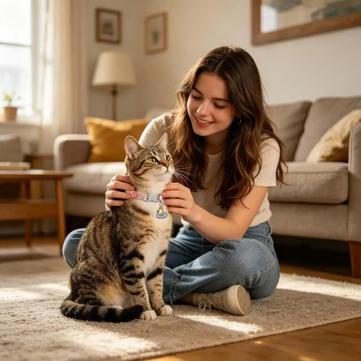 A young girl is gently holding a tabby cat's collar with a bell in a bright indoor setting.