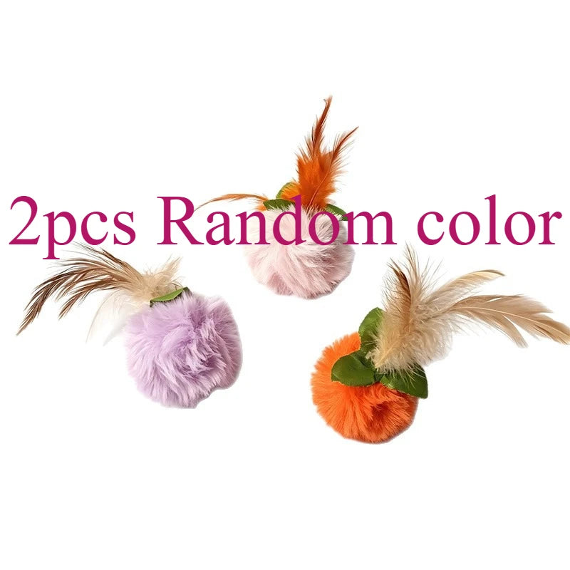 Two random color interactive cat toy sets featuring plush balls and feather teasers