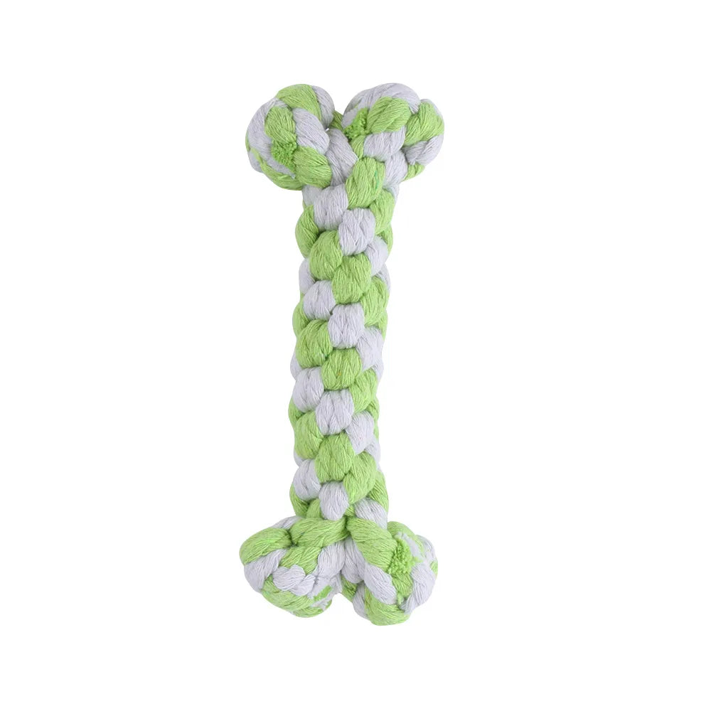 A light green and white cotton rope dog toy shaped like a bone.