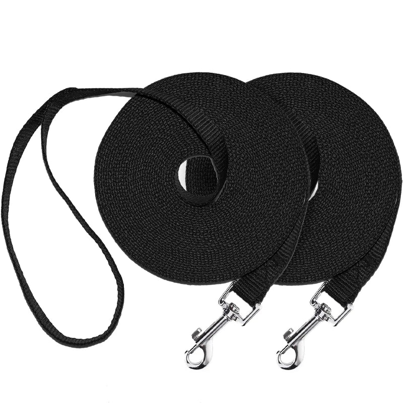 Black nylon dog training leash with a long lead and metal clasps