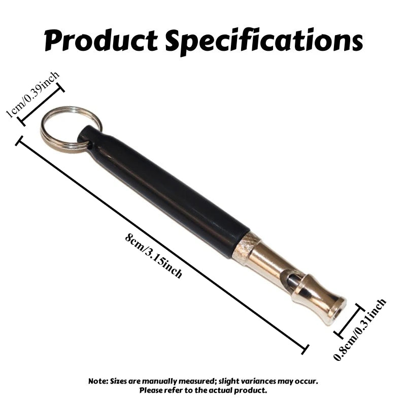 A black and silver adjustable ultrasonic dog training whistle with a metal loop.