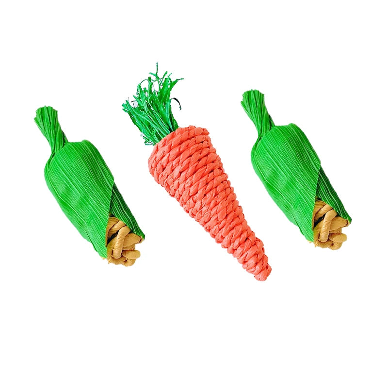 Jouet pour animaux tissé à la main, une plante fibreuse verte vive avec des fils tissés orange-rouge.