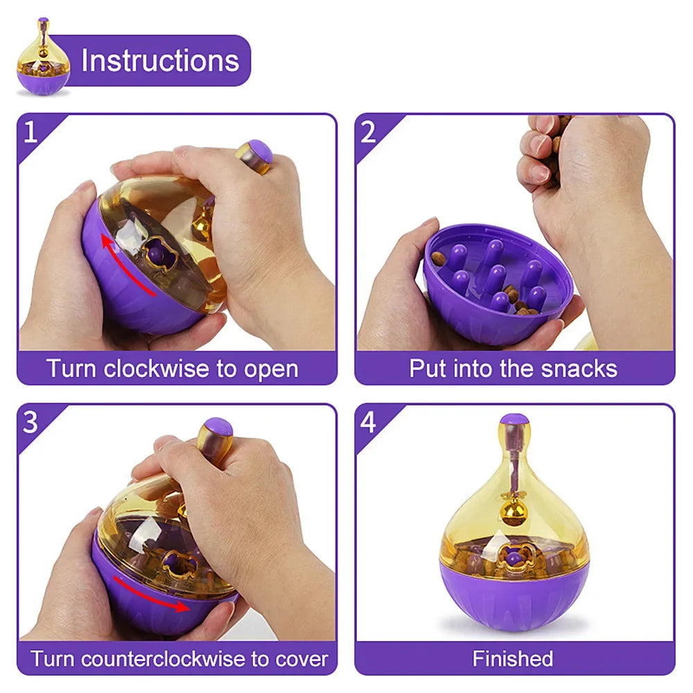 Instructions pour utiliser une balle distributeur interactive pour animaux, montrant comment ouvrir et fermer l'appareil.