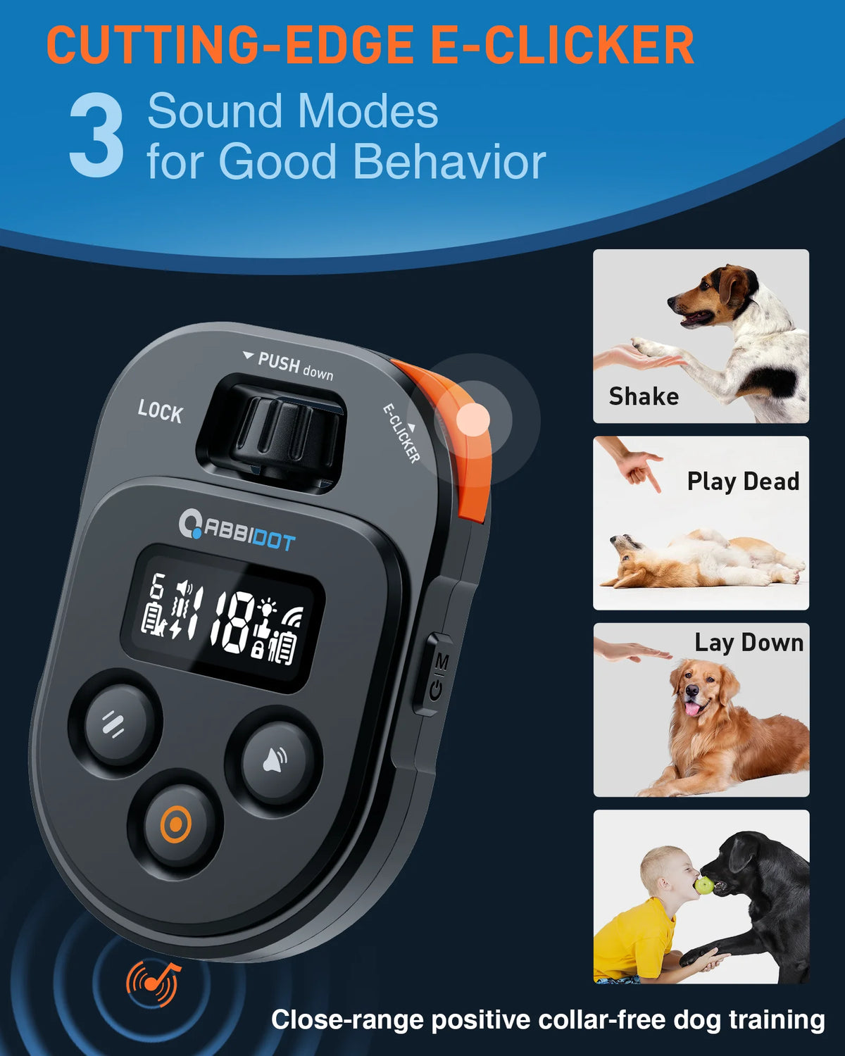 A black cutting-edge e-clicker dog training collar with a digital display and various sound modes shown next to a dog.