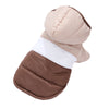 A warm fleece hoodie dog jacket in brown and beige colors with a white trim.