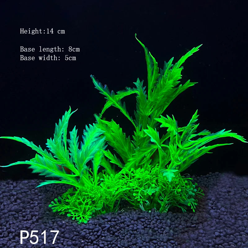 A vibrant green artificial aquarium plant with a 14 cm height, 8 cm base length, and 5 cm base width.