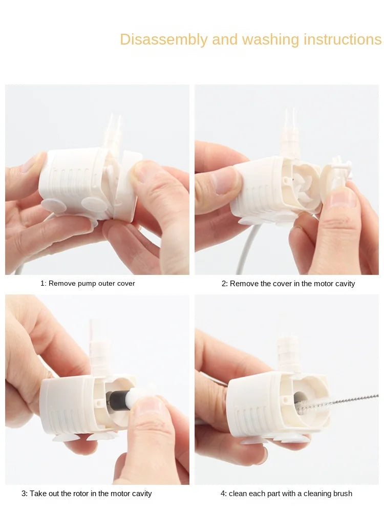 Instructions showing how to disassemble and wash a quiet replacement water pump for pet fountains.