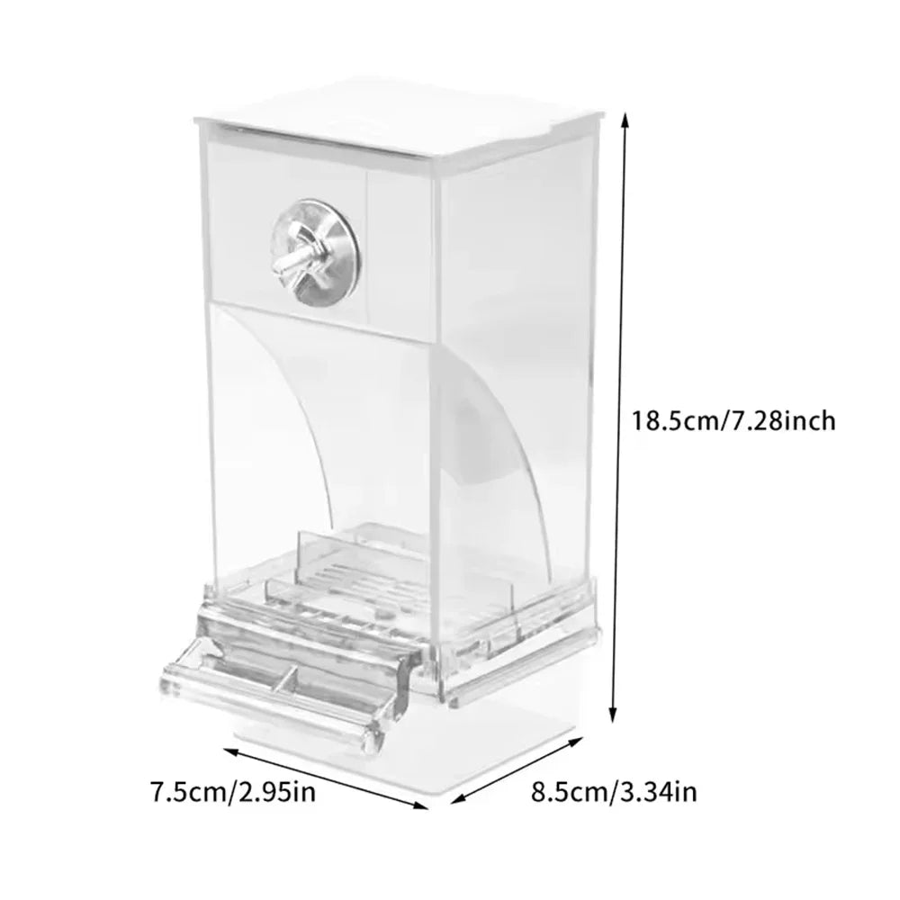 Clear anti-spill automatic bird feeder with perch, featuring a transparent design and feeding tray.