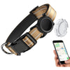 A black dog collar with gold reflective strips and a safety buckle is shown next to a smartphone displaying a map.