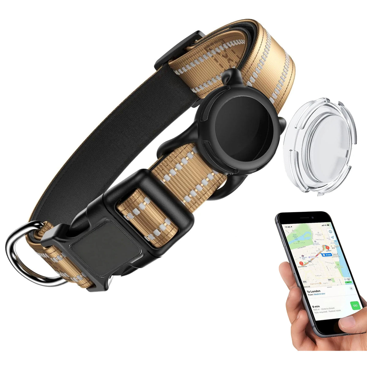 A black dog collar with gold reflective strips and a safety buckle is shown next to a smartphone displaying a map.