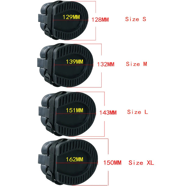 A set of durable rubber horse hoof boots shown with size measurements for S, M, L, and XL.