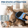 A cat is shown wearing a blue and black reusable glove designed for pet hair removal.
