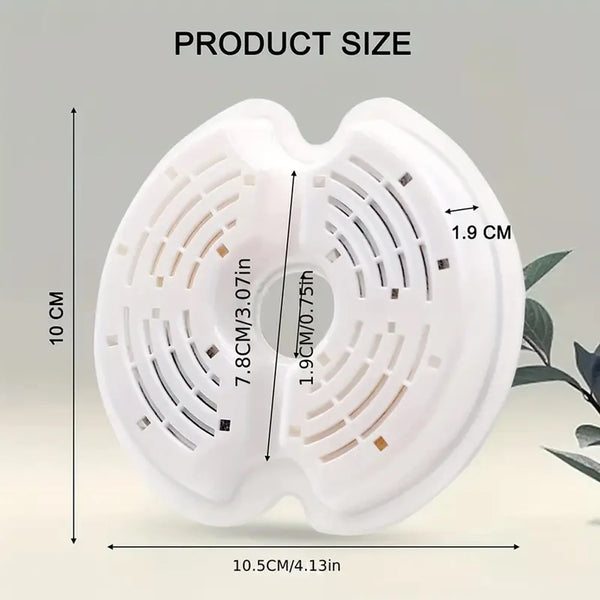 White replacement carbon filters for cat water dispensers shown with dimensions.