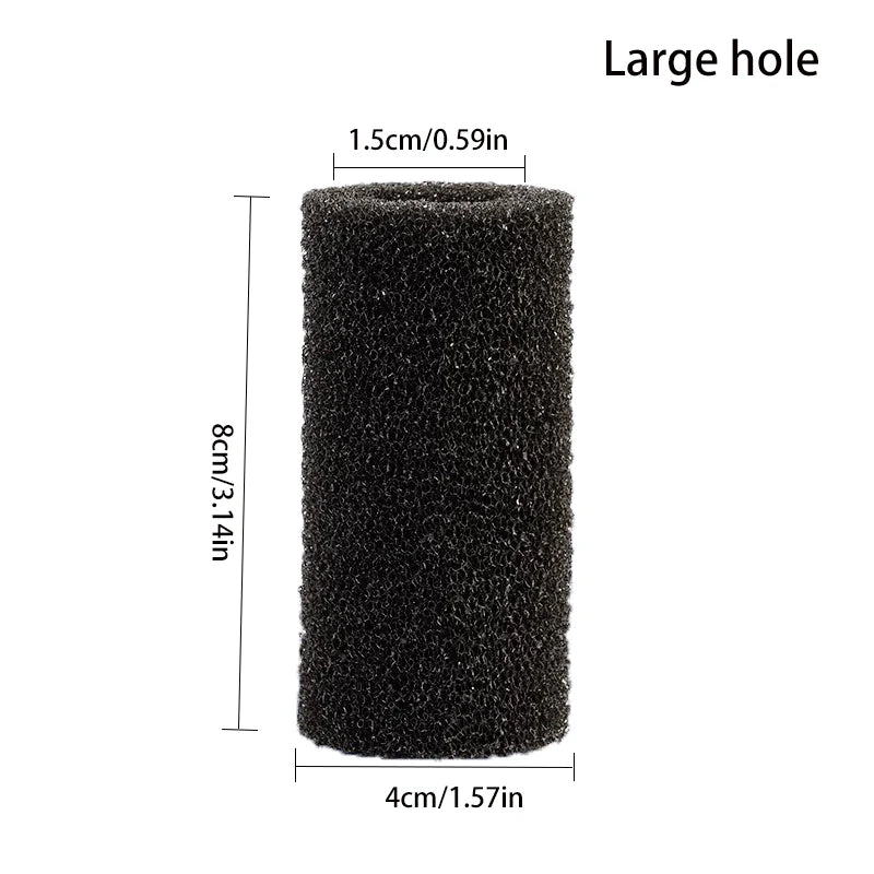 A cylindrical black sponge pre-filter with a large hole, measuring 8cm long and 4cm in diameter.