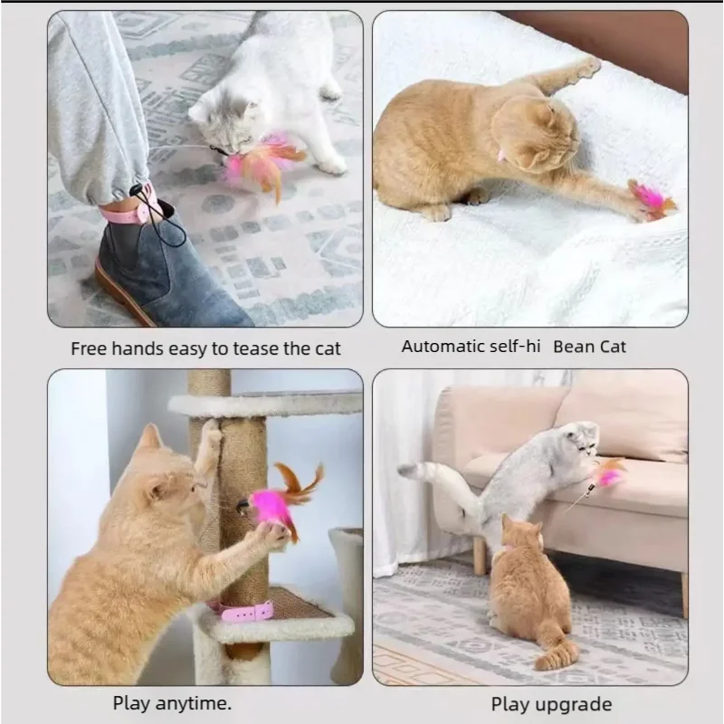 Various ways to tease a cat with an interactive feather toy including free hands and automatic self-hi features.