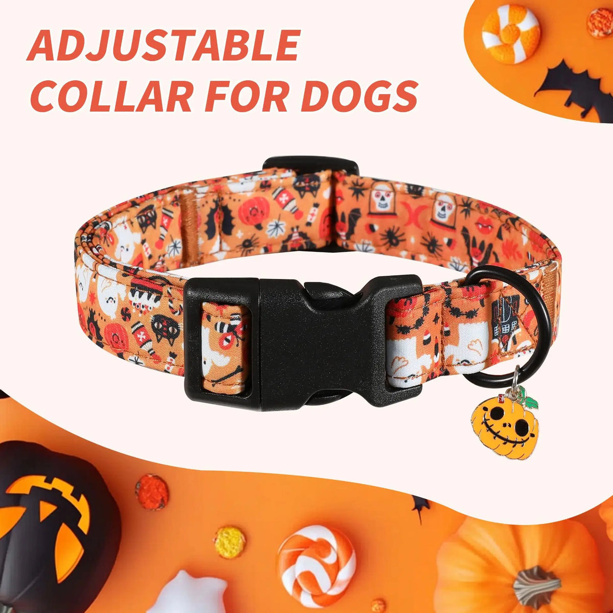 An adjustable orange and black patterned pet collar for dogs featuring a Halloween-themed neck cover and bell.