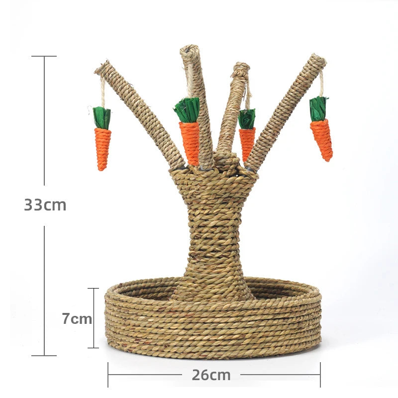 A natural grass carrot tree chew toy for rabbits and small pets with a woven base and several carrot-shaped toys.
