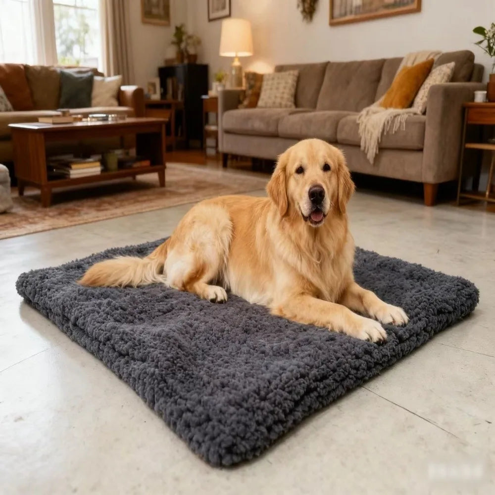 A golden retriever dog lying on a dark gray self-warming cat mat indoors.
