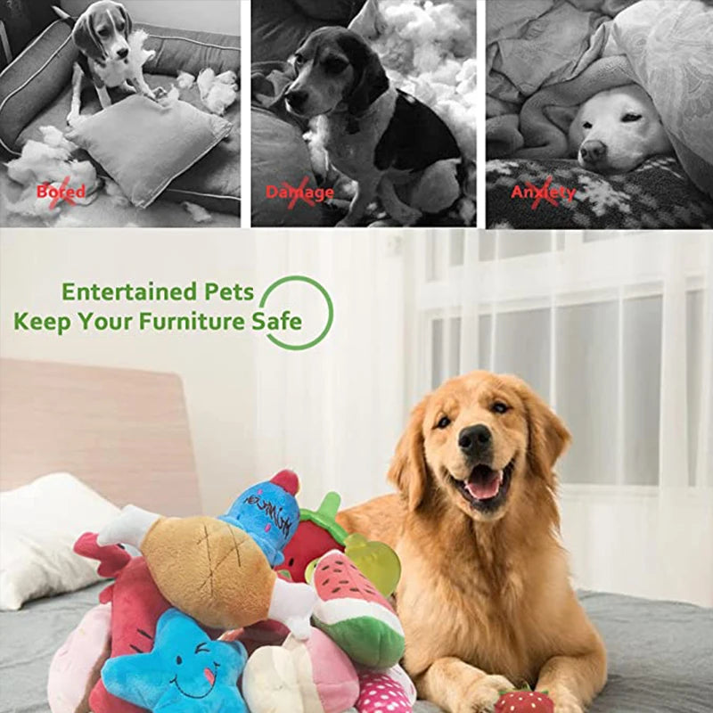 A golden retriever sits next to a pile of colorful bone-shaped squeaky plush dog toys.
