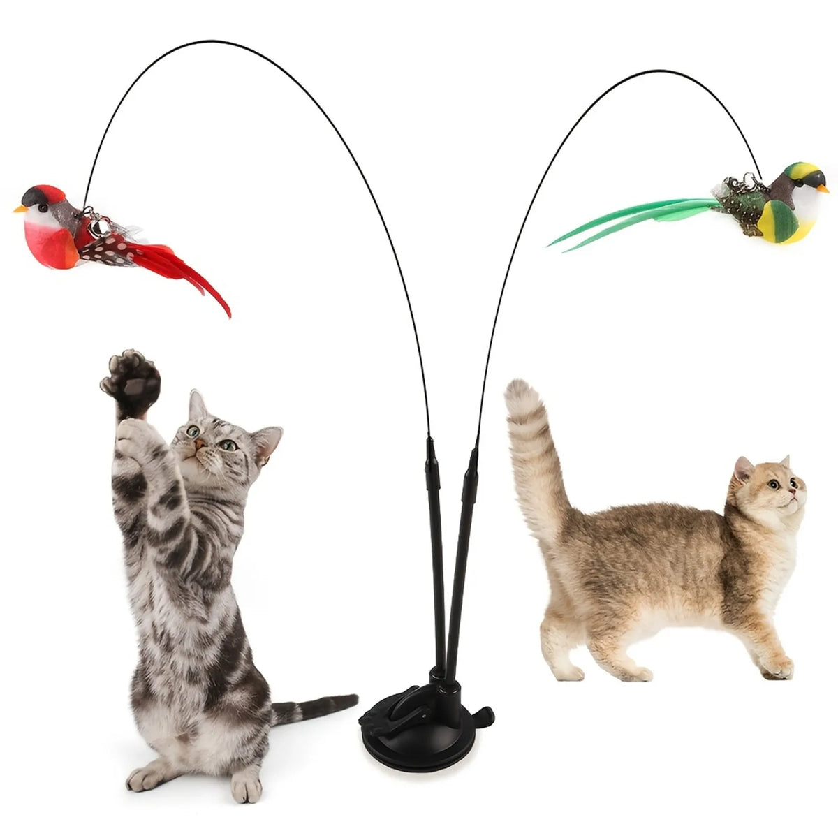 Canne à teaser interactive pour chat avec base aspirante et deux jouets ressemblant à des oiseaux.