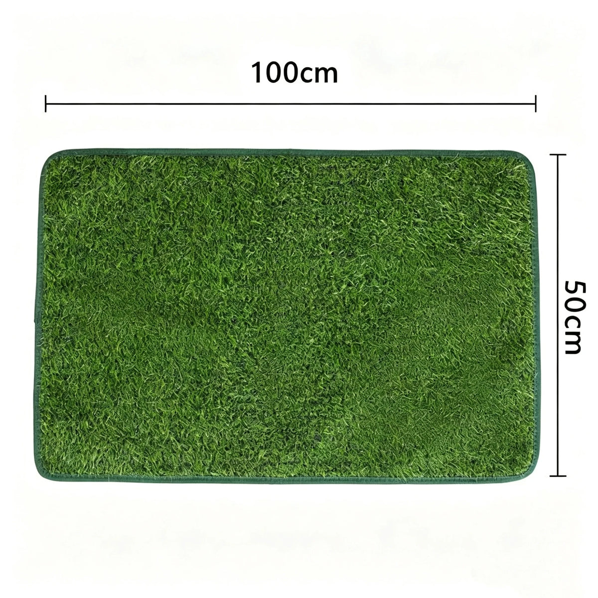 A rectangular green artificial dog grass mat measuring 100cm by 50cm.